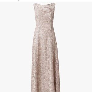 Papell Studio Navy Blue Rose Gold Embellished Blouson Mesh Gown Size 6 $299